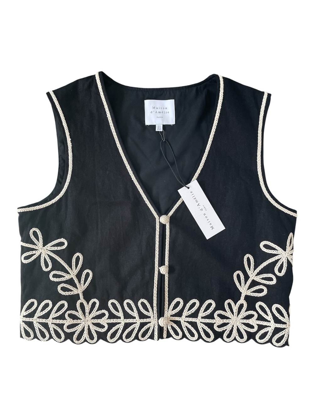 Maison d'Amélie Linen Blend Embroidered Cropped Vest Boho Coastal Euro Summer 12